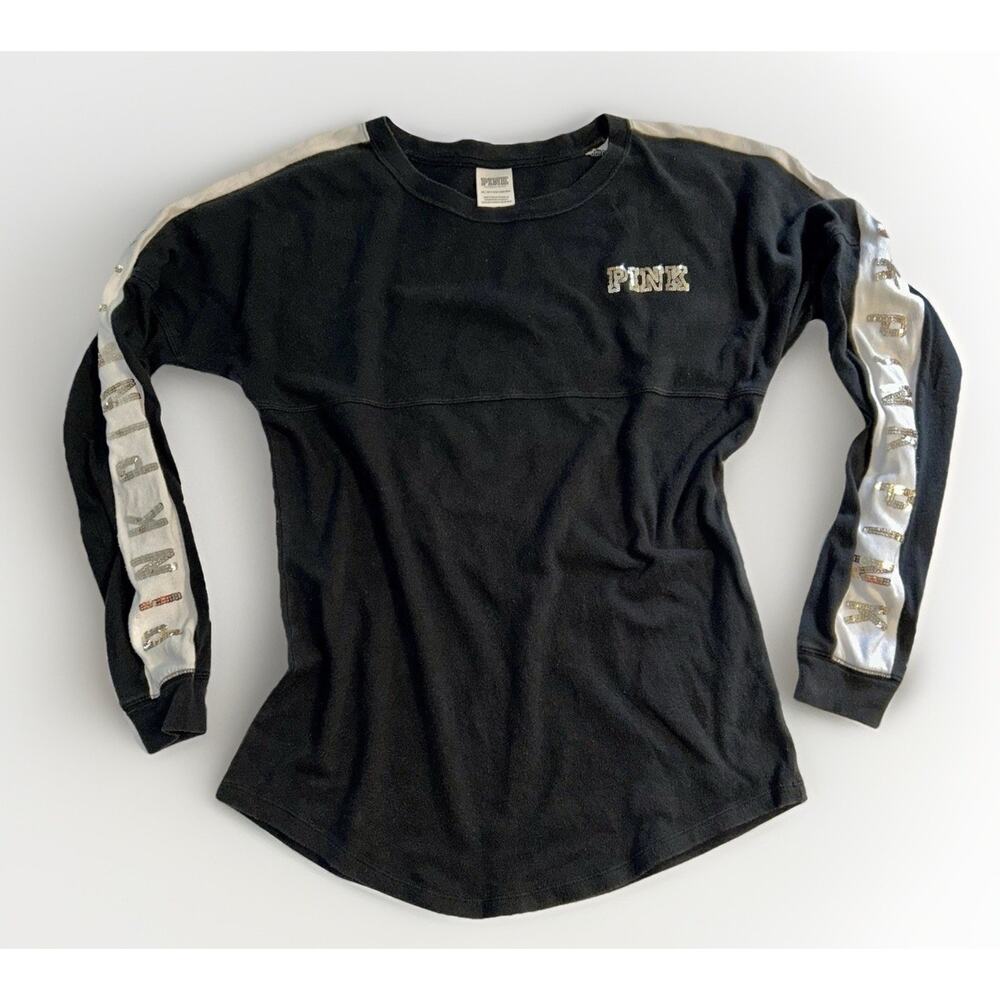 VS PINK Sequin Bling LS Shirt XS Y2K McBling Back Logo Sleeve Graphic Black